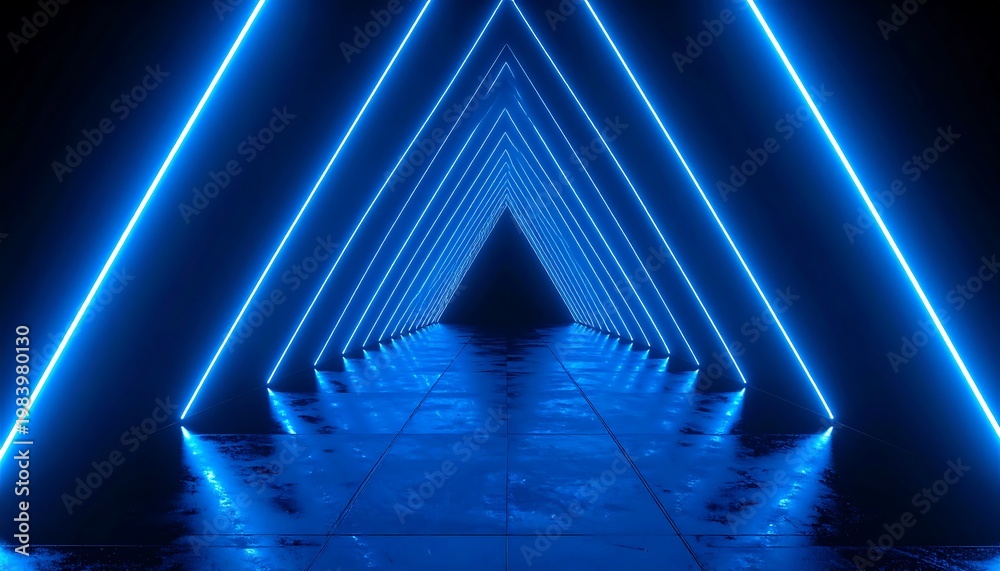 Fototapeta premium A dark corridor with blue neon lights forming triangular shapes