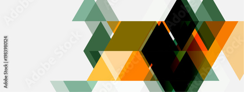 Abstract geometric shapes overlap, creating dynamic composition. Colors include orange, green, black, gold. Minimalist design.