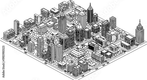 isometric cityscape with skyscrapers and trees urban planning concept