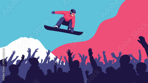 Professional snowboarder performs a high jump in the air over a large cheering crowd with a snowy mountain peak in the distance.