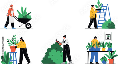 People gardening activities collection with planting watering pruning and indoor plants care flat vector illustration set