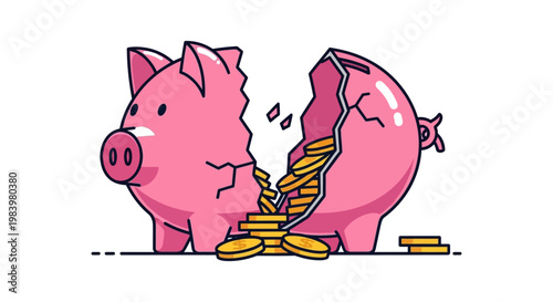 broken piggy bank spilling gold coins on a white background symbolizing financial loss unexpected expenses or investment concepts.