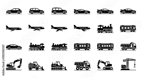 transport vehicles and construction machines as flat design black silhouettes ideal for modern vehicle icons and industry concepts.