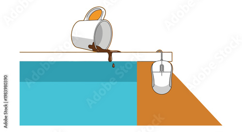 spilled coffee from a coffee mug creates a liquid spill and a desk accident next to a computer mouse illustrating a common workplace mishap.