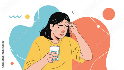 Sick woman holding a glass of water touches her forehead while suffering from a high fever or headache against a colorful backdrop.