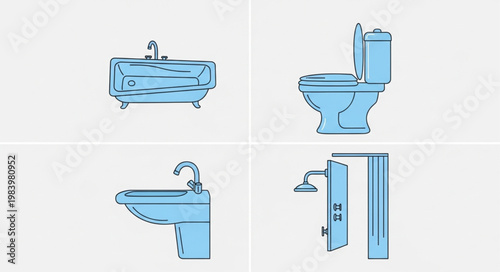 Bathroom Fixtures Collection Including Sink Toilet Shower and Bathtub.