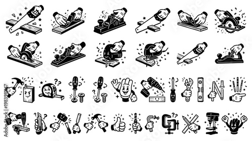 Vintage Rubber Hose Style Woodworking Tools Character Icons, Retro Black and White Handyman Equipment, Saw, Hammer, Drill, Screwdriver and Plane Vector