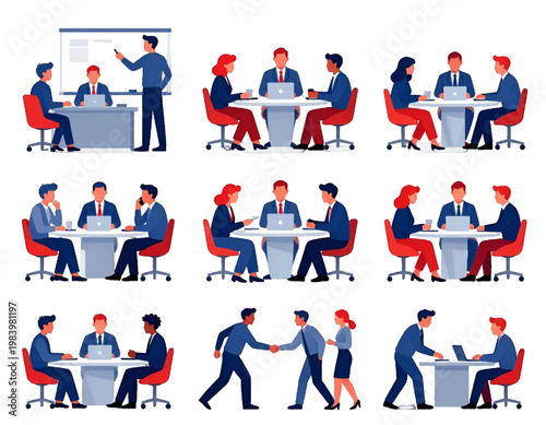 Professional office scenes set, business characters brainstorming and shaking hands isolated on transparent Background. Modern workplace collection, entrepreneurs collaborating and communicating . 