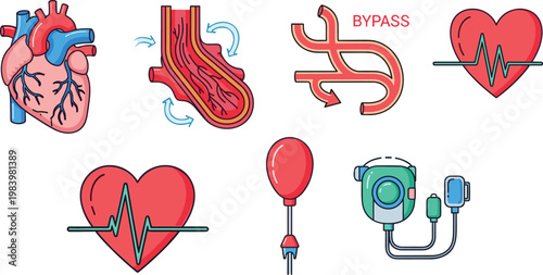 Heart health and cardiology icons set anatomy ECG bypass surgery medical equipment flat vector illustration collection