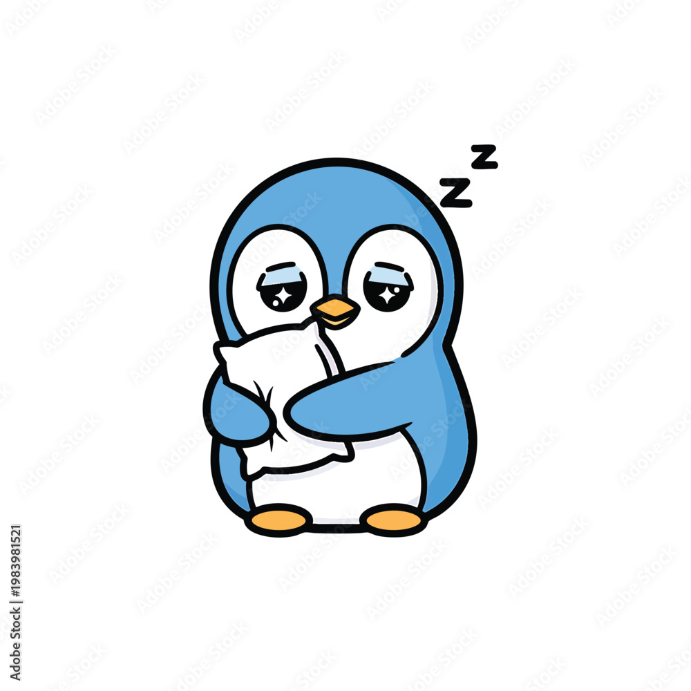 Obraz premium Cute little penguin sleeping with a pillow, winter animal character.