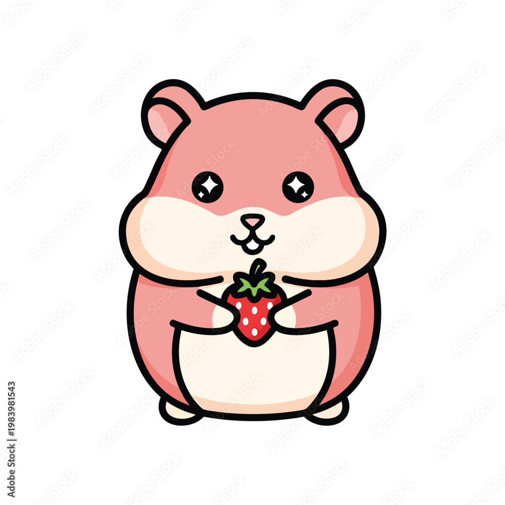 Fototapeta premium Chubby hamster holding a strawberry, cute small rodent pet.