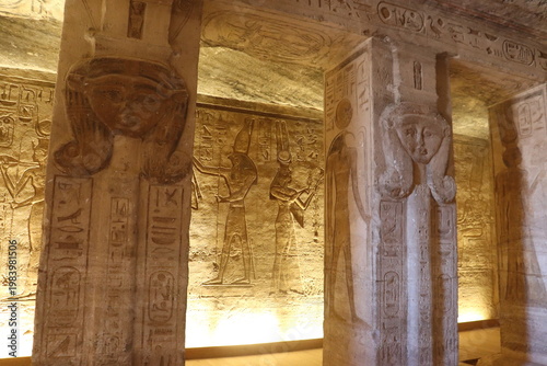 Ancient egyptian hieroglyphics at Abu Simbel temple, Aswan, Egypt