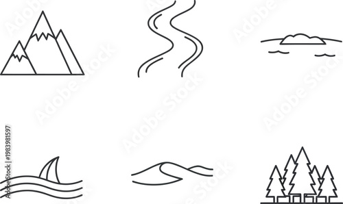 Mountain landscape with winding river and trees in illustration style