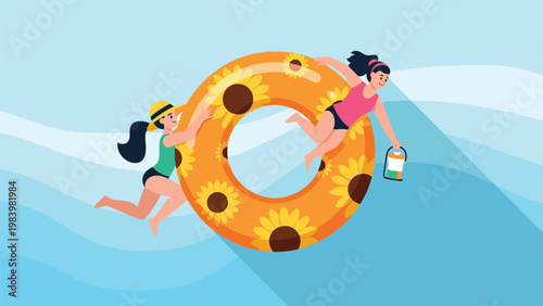 Two happy young girls swimming in the ocean with a large sunflower patterned inner tube during a summer beach vacation.