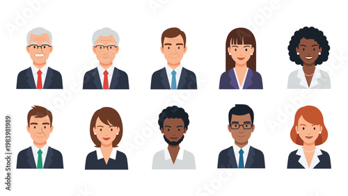 Collection of diverse professional business people avatars featuring men and women of different ethnicities and ages in suits.