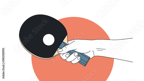 Close-up illustration of a hand using a shakehand grip to hold a black table tennis paddle against an orange circle background.