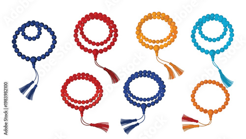 Set of colorful Buddhist prayer beads with tassels shown in various arrangements on a clean white background for spiritual use.
