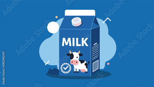 Blue milk carton with a cute cow illustration and text against a stylized light blue background for dairy product advertising.
