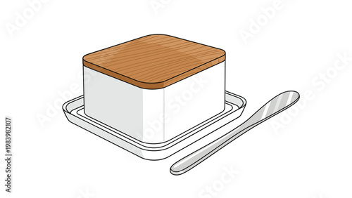 Minimalist illustration of a white square container with a wooden lid and a silver spreading knife for kitchen or home use.