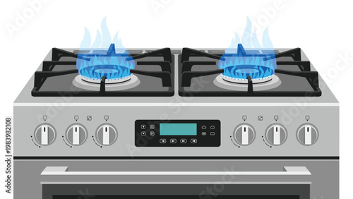 Close up of a modern silver gas stove top with two burners lit with bright blue flames in a domestic kitchen setting for cooking.