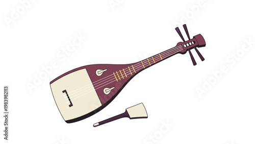 Traditional Japanese musical instrument biwa with a bachi plectrum shown against a clean white background for cultural study.