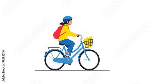 Young student with a red backpack riding a blue bicycle with a basket against a simple white background for daily school commute.