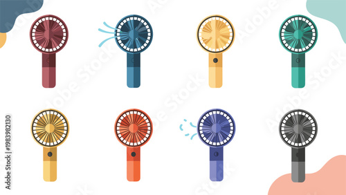 Collection of handheld portable fans in various colors including red, blue, yellow, and green for cooling down in summer heat.