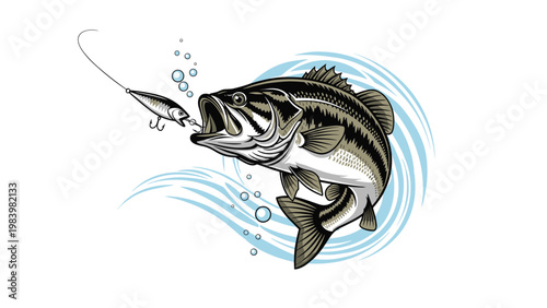 Large bass fish leaping out of the water to catch a lure with splashing waves and bubbles in a sport fishing vector illustration.