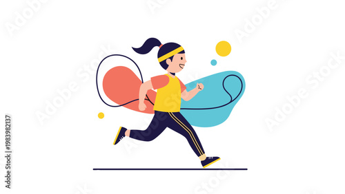 Young woman with a ponytail running happily against a backdrop of abstract shapes in a modern fitness vector illustration.