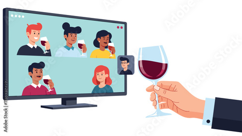 Group of friends having an online video call celebration with red wine glasses on a computer monitor at home distance party.