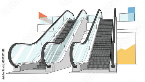 Modern indoor escalators in a public building or shopping mall shown from a low angle view for architectural presentation.