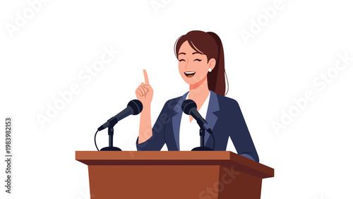 Confident professional woman giving a speech or presentation from a wooden podium with two microphones at a conference hall.
