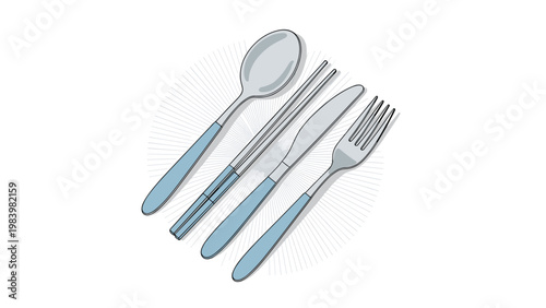 Set of stainless steel cutlery including a spoon, fork, knife, and chopsticks arranged neatly on a table for dining preparation.