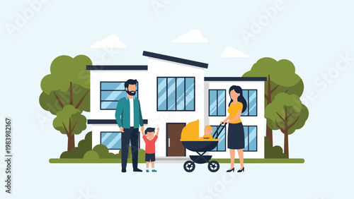 Happy family standing in front of their large modern two story home with a baby stroller and green trees in a residential area.