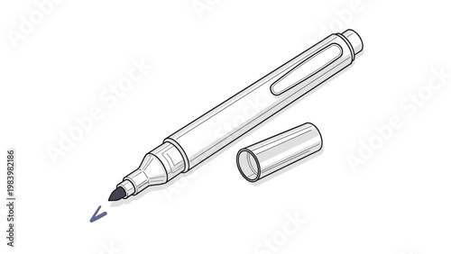Line art illustration of a felt tip marker pen with its cap lying next to it for office supplies or creative design tools set.