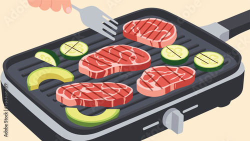 Grilling thick juicy meat steaks and fresh zucchini and avocado slices on an indoor electric grill pan for a delicious meal.