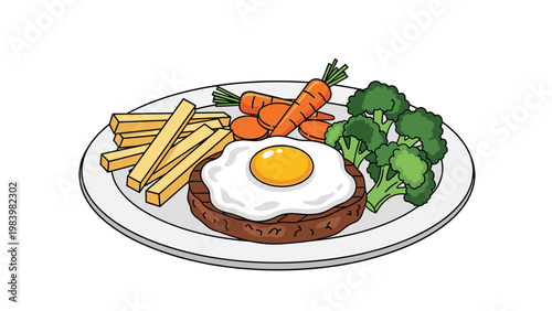 Balanced meal on a white plate consists of a hamburger steak topped with a fried egg, broccoli, and carrots.