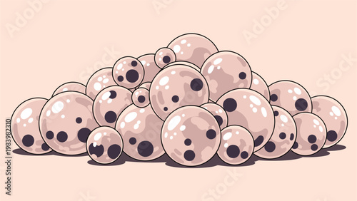 Large pile of dark brown tapioca pearls used for making bubble tea sits on a soft pinkish background.