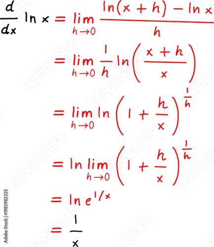 Step-by-step derivation of natural logarithm derivative using limit definition, showing transformation and simplification to reach final result 1 over x.