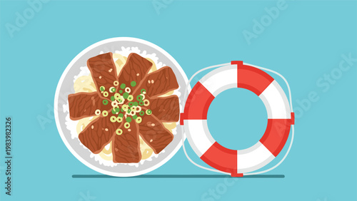 Bowl of beef over rice, known as gyudon, is presented next to a red and white nautical lifebuoy on a blue background.