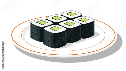 Plate of cucumber sushi rolls, or kappa maki, is neatly arranged on a white ceramic dish with an orange rim.