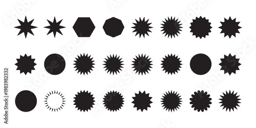 Sunburst burst stickers and black geometric shapes for promotional badges in minimalist graphic design kit.