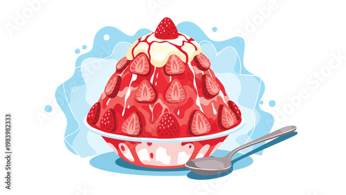 Decorative bowl of strawberry shaved ice is topped with fresh strawberry slices and a drizzle of sweet cream.