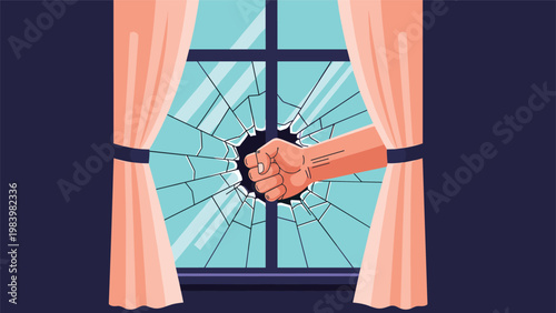 Human fist punches through a glass window pane causing it to shatter while coral curtains frame the scene.