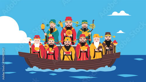 Seven Lucky Gods of Japanese folklore sail across a calm blue sea on their traditional wooden treasure ship.