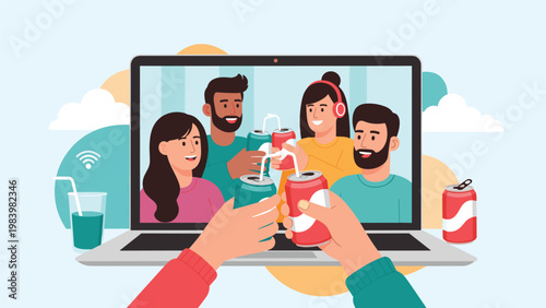 Friends participate in a virtual party by holding up soda cans for a toast displayed on a laptop screen.