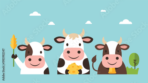 Three cheerful cartoon cows stand in a grassy field under a bright blue sky with fluffy white clouds.