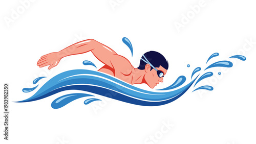 Professional male swimmer performing freestyle stroke in blue splashing water wearing goggles and a swim cap against a white background.