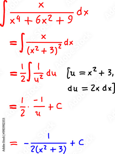 Step-by-step calculus solution showing integral simplification using substitution method, transforming rational expression into final solved form.