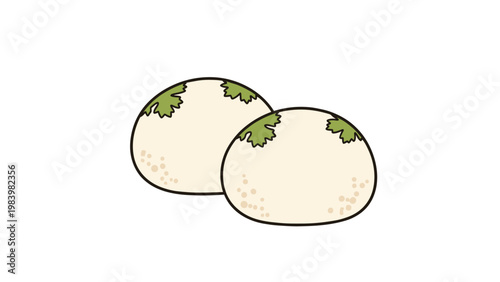 Two traditional white round mochi cakes decorated with green leaves presented on a plain white background in a soft vector style.